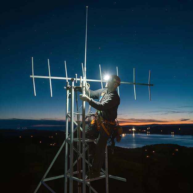 Photo nighttime antenna repair with a technician using a headlamp