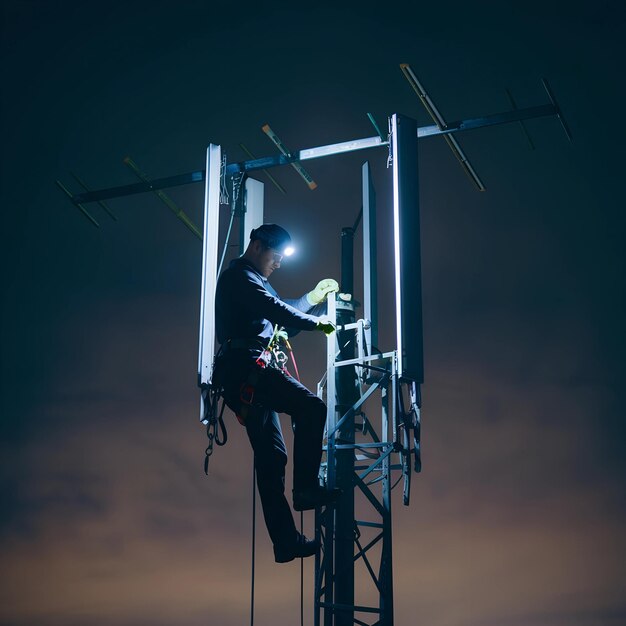 Photo nighttime antenna repair with a technician using a headlamp