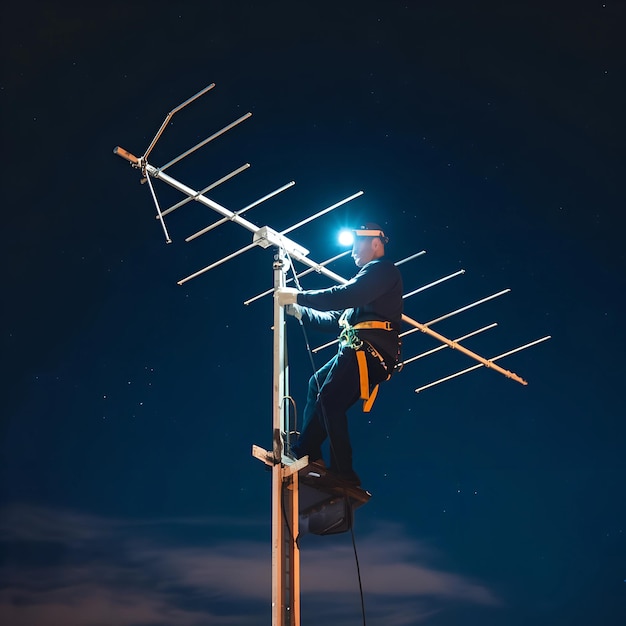 Nighttime antenna repair with a technician using a headlamp