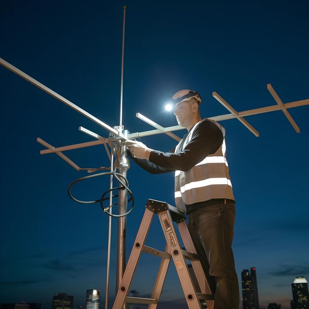 Photo nighttime antenna repair with a technician using a headlamp