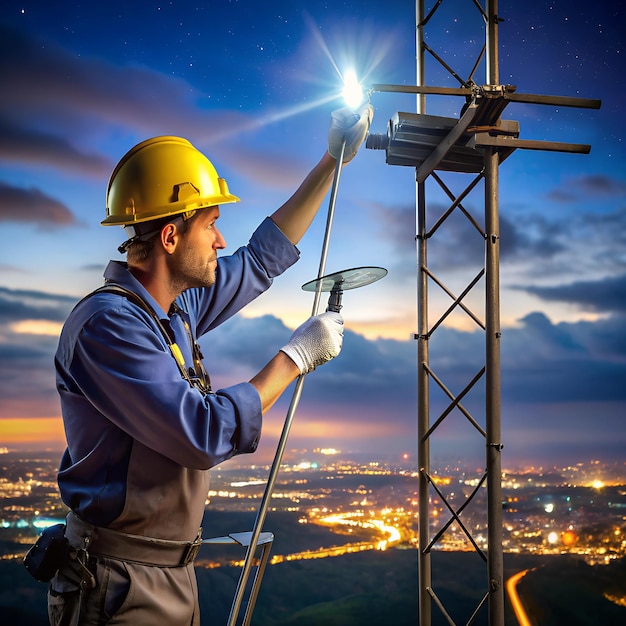 Nighttime antenna repair with a technician using a headlamp