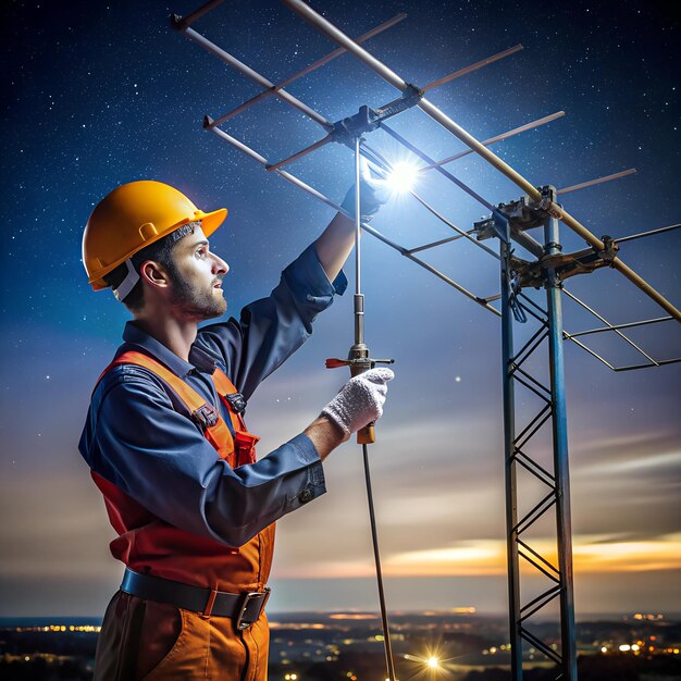 Nighttime antenna repair with a technician using a headlamp