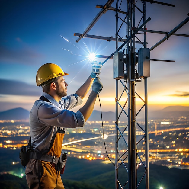 Nighttime antenna repair with a technician using a headlamp