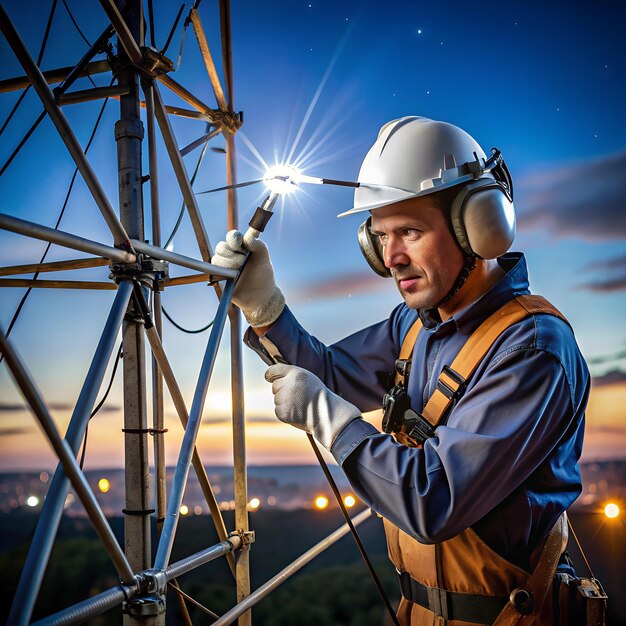 Nighttime antenna repair with a technician using a headlamp