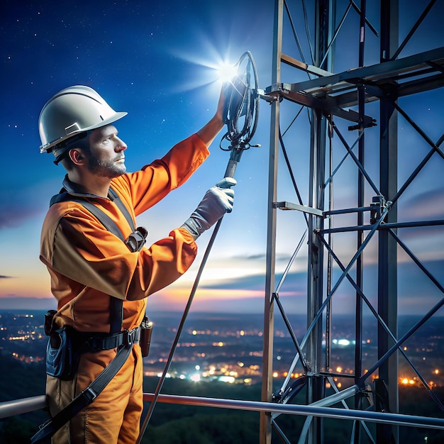 Nighttime antenna repair with a technician using a headlamp