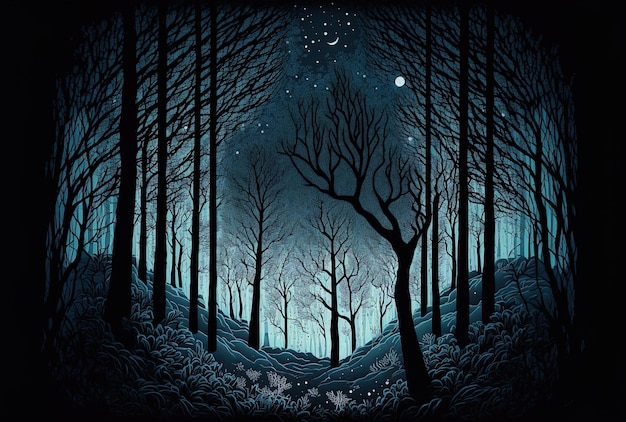 A nighttime background of a dark winter woodland