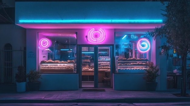 Nighttime Bakery with Neon Signs