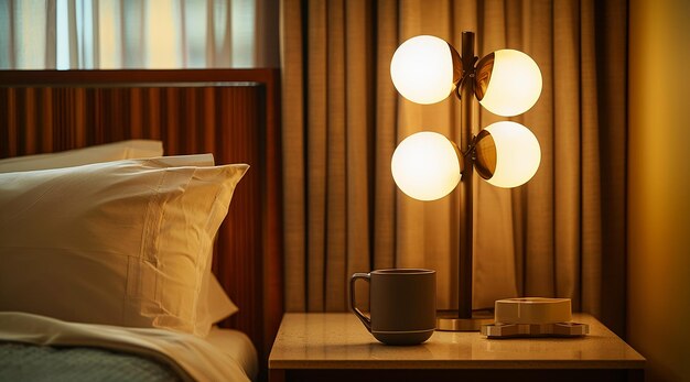 Photo nighttime bedroom with beautiful table lamps