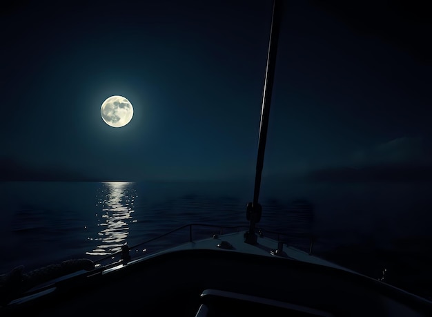 Photo nighttime boating scene with the moon