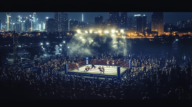 Photo nighttime boxing match in city with silhouetted crowd