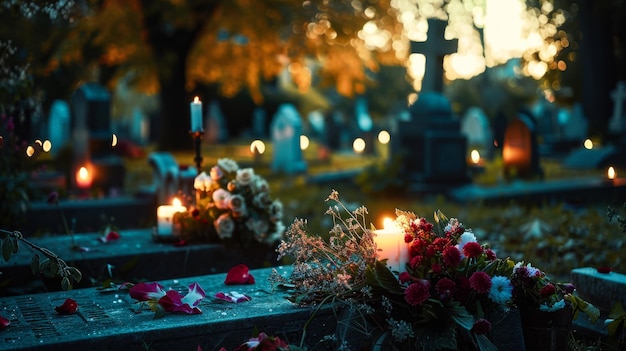 Photo nighttime cemetery with flowers and candlelit graves