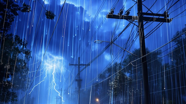 Photo a nighttime city scene with lightning bolts illuminating the sky casting blue light over power lines