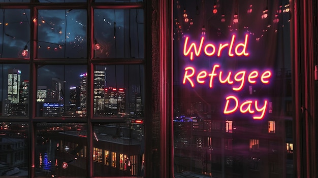 Nighttime city skyline featuring neon World Refugee Day text with illuminated windows