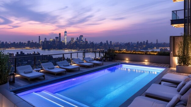 Photo nighttime city skyline view from rooftop pool deck