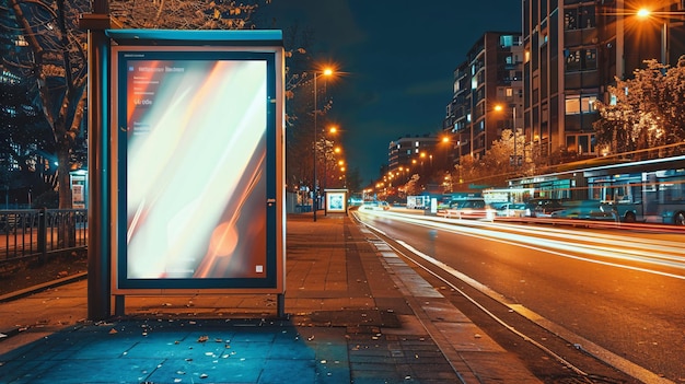 A nighttime city street scene featuring a mockup of a bus stop billboard with a lightbox poster and car light trails in the background