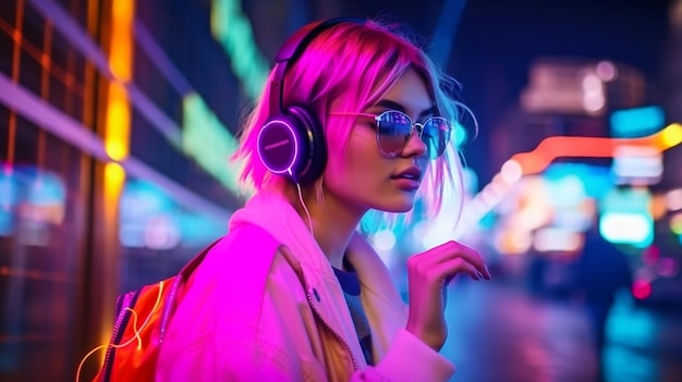 In a nighttime city a young fashionable woman hipster is standing close to a neon red light while listening to music on a current smartphone with Generative AI