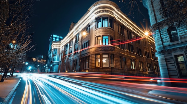 Nighttime cityscape featuring illuminated architecture and light trails from passing vehicles