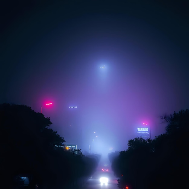 Photo nighttime cityscape fog with backlight and neon lights