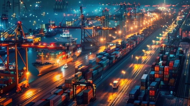 Nighttime cityscape illuminated logistics hub bustling activity trucks cargo ships trains vibrant lights seamless operations dynamic composition