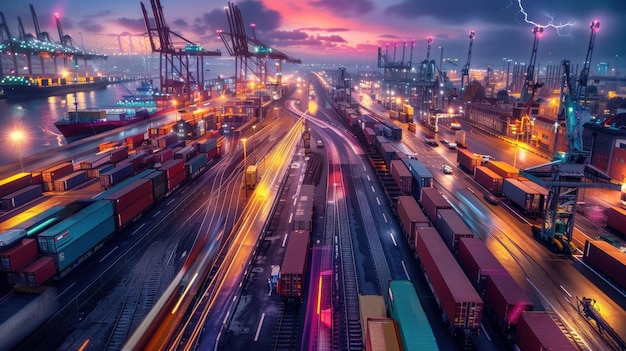 Nighttime cityscape illuminated logistics hub bustling activity trucks cargo ships trains vibrant lights seamless operations dynamic composition