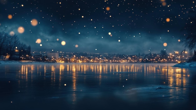 Photo nighttime cityscape reflected in frozen lake