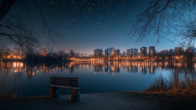 Photo nighttime cityscape reflected in a still lake with a solitary bench