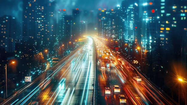 Nighttime Cityscape with Blurred Traffic Lights on a Busy Highway in a Modern Urban Setting