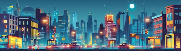 Photo nighttime cityscape with illuminated buildings and traffic a vibrant cityscape with illuminated buildings streetlights and traffic at night rendered in a colorful cartoon style