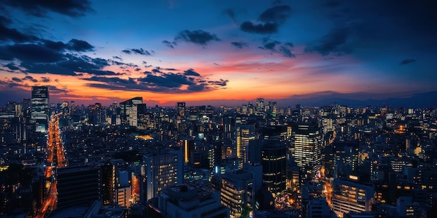 Nighttime cityscape with skyscrapers glowing windows and a fiery orange sunset sky