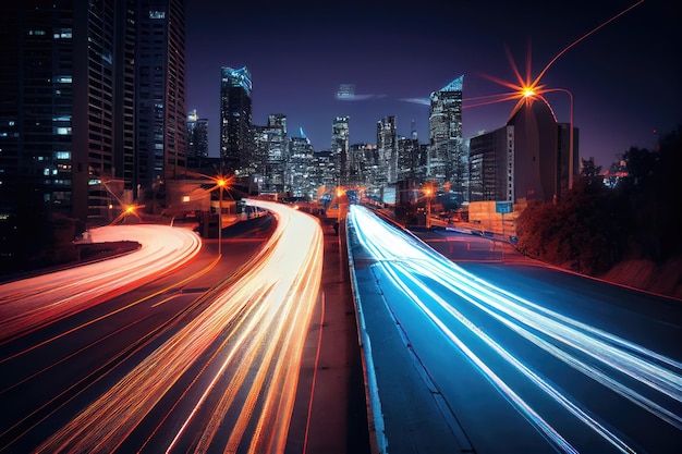 Nighttime cityscape with speeding traffic and long exposures created with generative ai