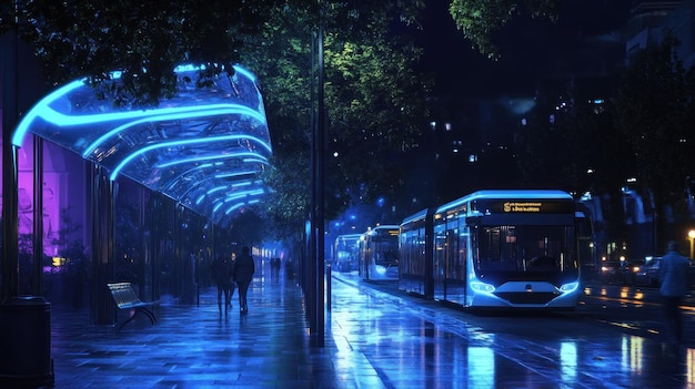 Photo nighttime cityscape with tram and neon lights