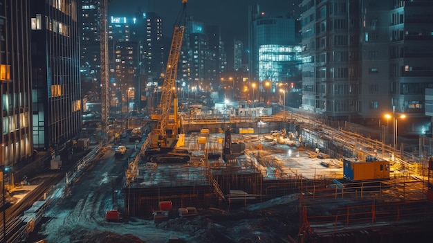 Photo nighttime construction site with cranes and city skyline