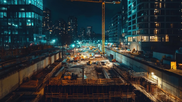 Photo nighttime construction site with machinery and buildings around