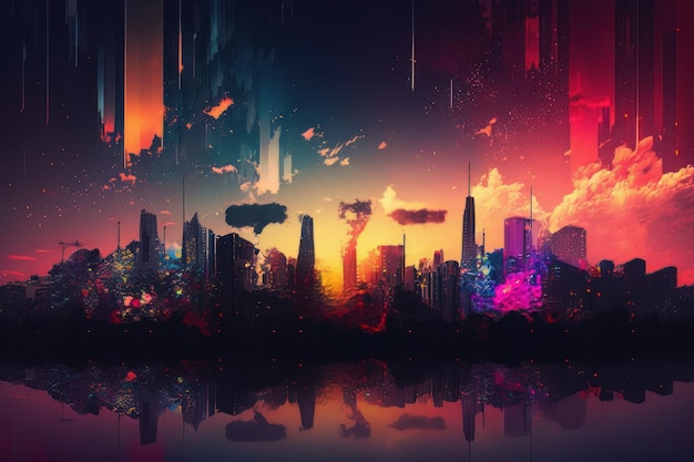 Nighttime in cyberpunk city of the futuristic fantasy world features skyscrapers