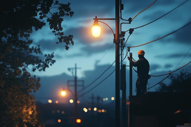 Photo nighttime electrician fixing streetlight