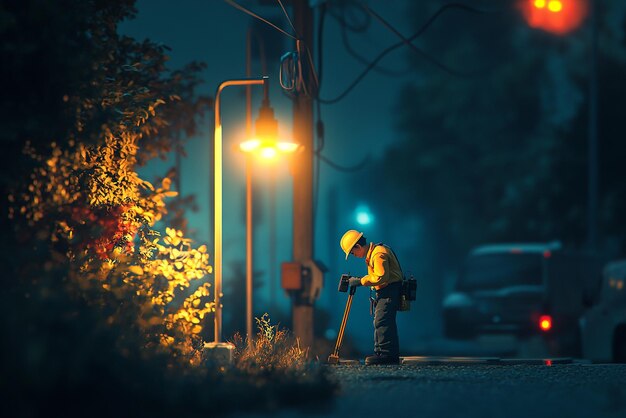 Photo nighttime electrician fixing streetlight