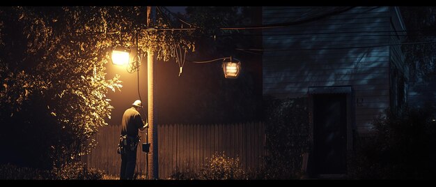 Nighttime Electrician Fixing Streetlight