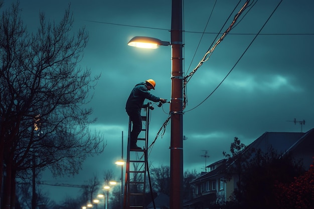 Photo nighttime electrician fixing streetlight