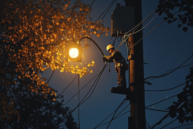 Photo nighttime electrician fixing streetlight