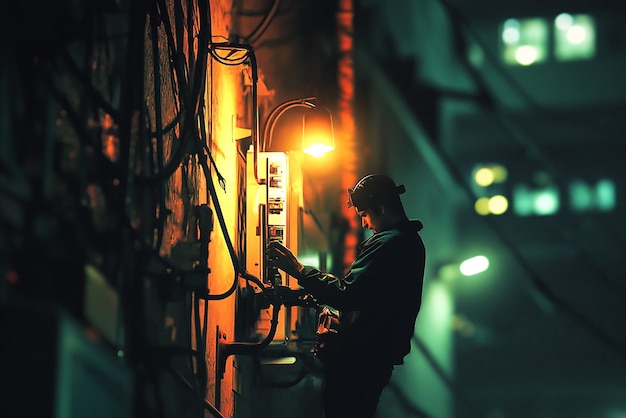 Photo nighttime electrician fixing streetlight