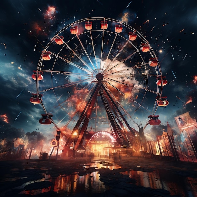 Nighttime Ferris wheel with fireworks Generative AI