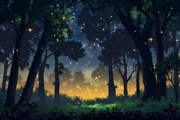 Nighttime forest glowing with fireflies and stars