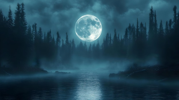 Photo nighttime forest scene with full moon and foggy river digital illustration