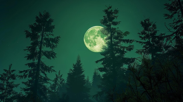 Photo nighttime forest scene with full moon