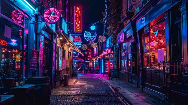 Photo nighttime glow neonlit city street ambiance