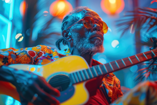 Nighttime Guitarist Under Neon Lights