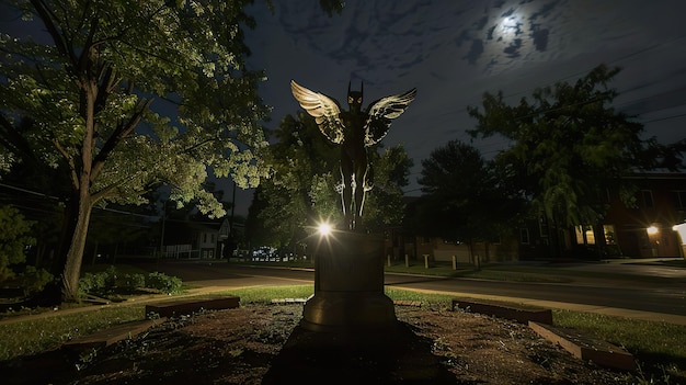 Nighttime illumination of the Mothman statue eerie glow casting shadows the legend standing tall in silent vigil