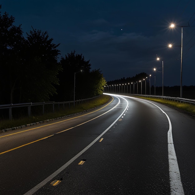 Nighttime Image of a Long Dark Road Lined with Tall Streetlights