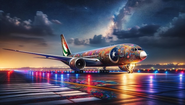 Nighttime Jetliner Aglow A Colorful Fusion of Truck Art and Aviation Glamour under Starlit Sky