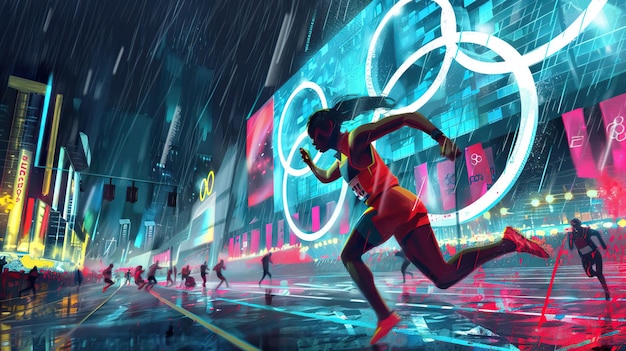 Photo nighttime marathon runners in the rain olympic games athlete high quality ai generated image